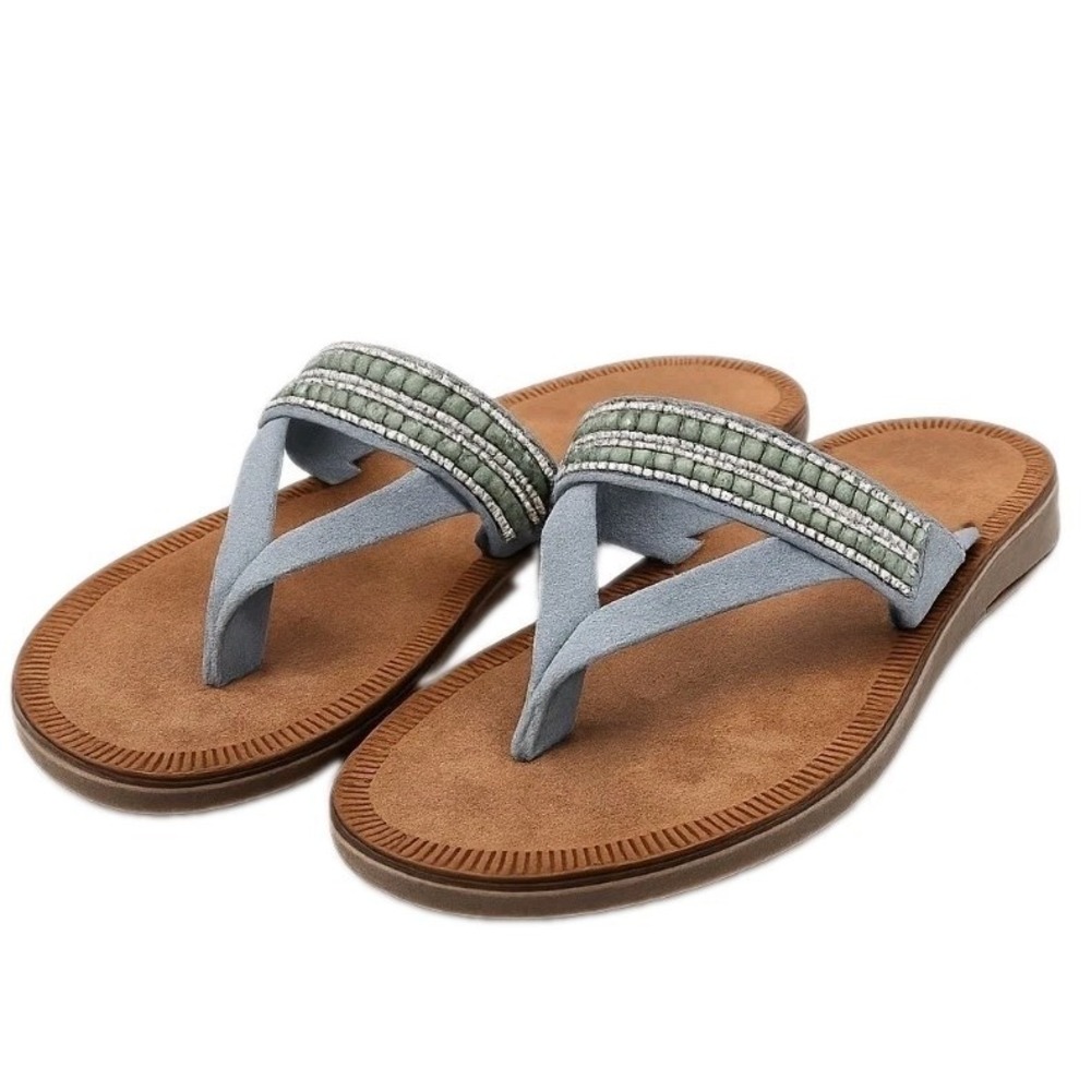 MARIELLA Sandals 8 Blue Gray Leather Glitter Rhinestone Thongs Slides Mules